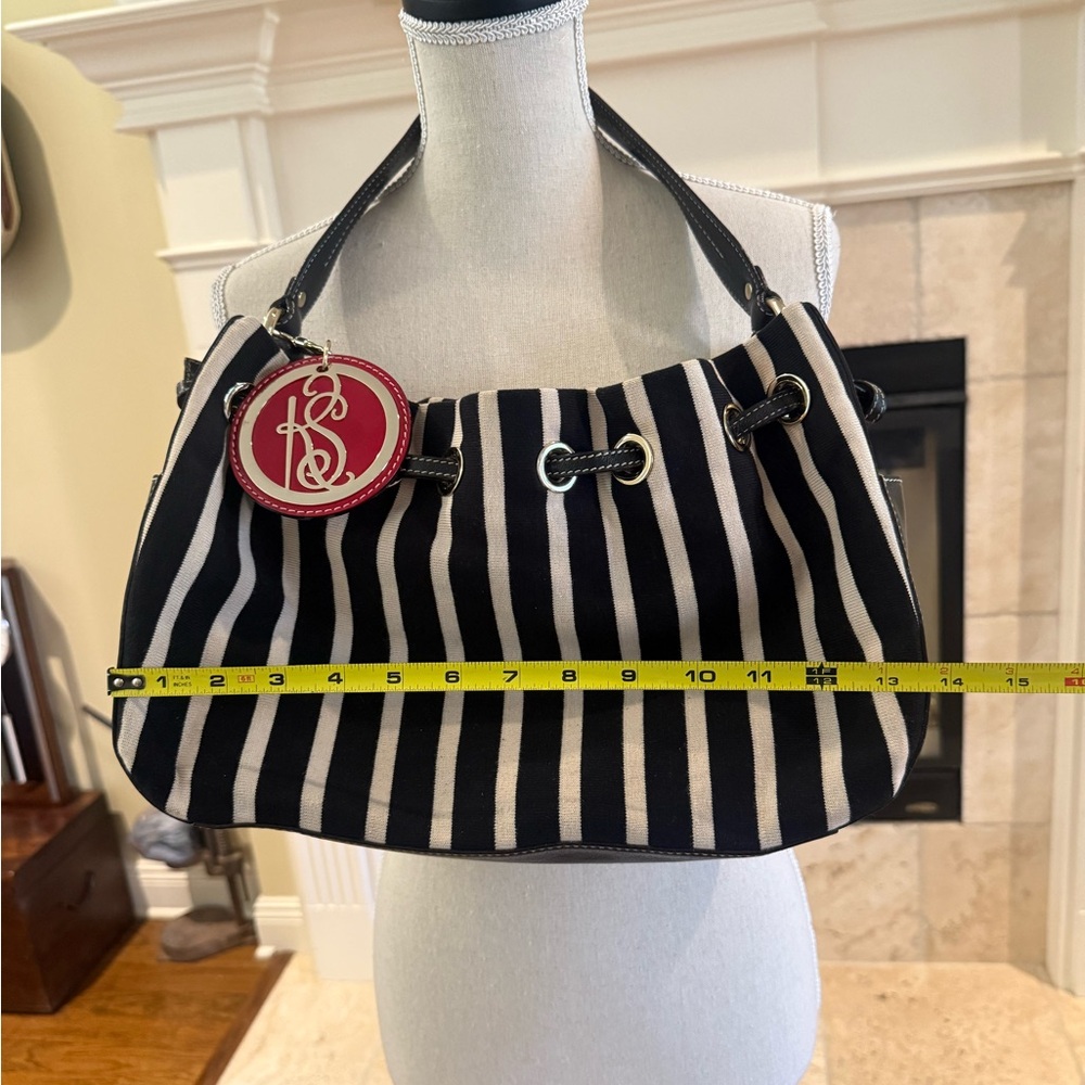 Kate Spade Striped Canvas Leather Hobo Bag Black White Drawstring Shoulder Tote - Picture 12 of 16